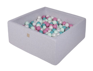 Vierkante ballenbak - Licht grijs met Parelwitte, Turquoise, Munt en Licht roze ballen